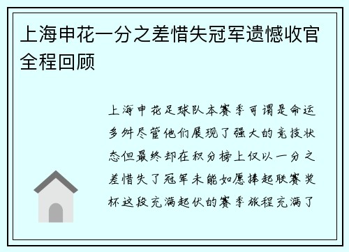 上海申花一分之差惜失冠军遗憾收官全程回顾 上海申花一分之差惜失冠军遗憾收官全程回顾